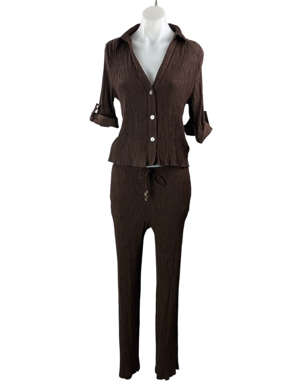 Zara Brown 3/4 Sleeves Button Down Shirt & Lounge Trouser Pants 2 Pieces Sets M